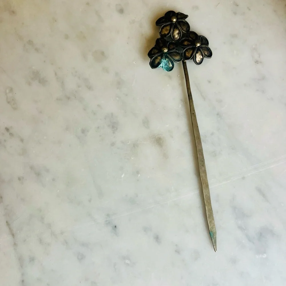 Antique Vintage 1920s 30s Art Deco Silver Floral Hairpin